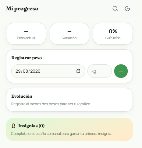 Pantalla de progreso con registro de peso y gráfico