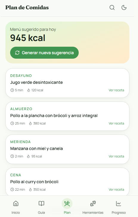 Plan de comidas con sugerencias diarias y calorías