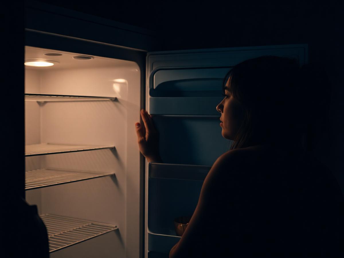 Mujer cansada frente a la heladera por la noche